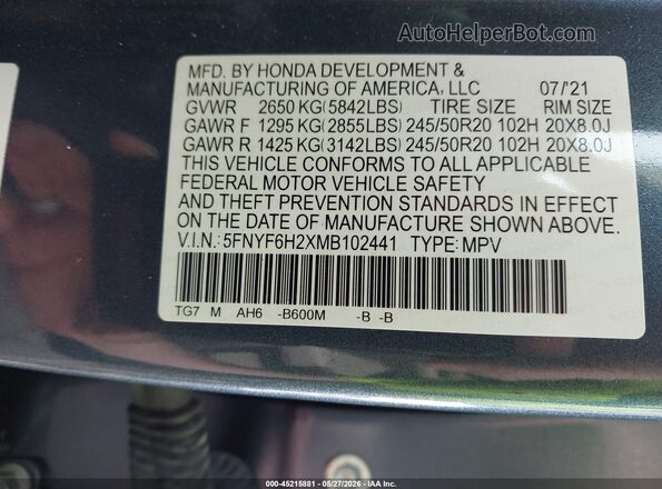 5FNYF6H2XMB102441 2021 HONDA PILOT Синий Вид подкапотного пространства