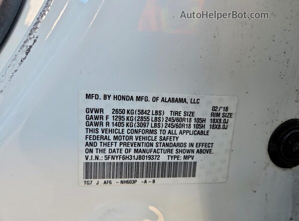 5FNYF6H31JB019372 2018 HONDA PILOT White Панорамний вид салону 360°
