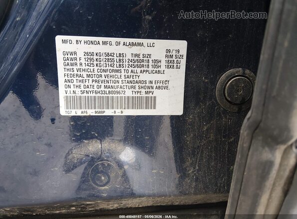 5FNYF6H33LB009672 2020 HONDA PILOT Синий Вид подкапотного пространства