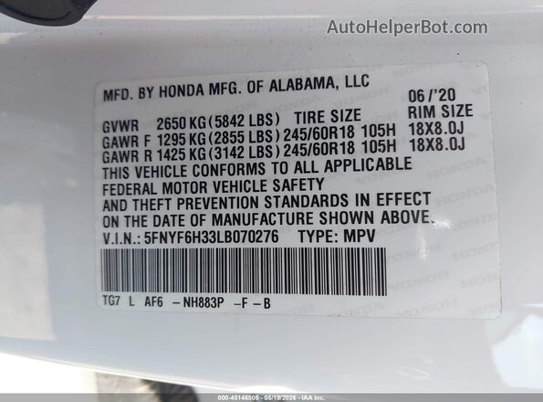 5FNYF6H33LB070276 2020 HONDA PILOT White Вид підкапотного простору