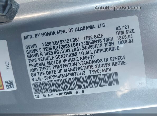 5FNYF6H34MB072913 2021 HONDA PILOT Silver Widok komory silnika