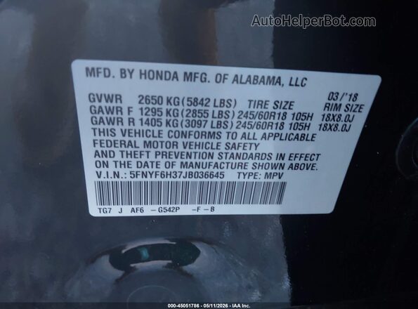 5FNYF6H37JB036645 2018 HONDA PILOT Черный 