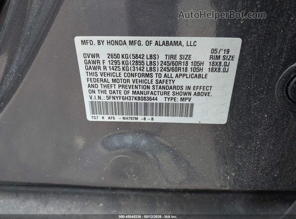 5FNYF6H37KB083644 2019 HONDA PILOT Gray Engine compartment view
