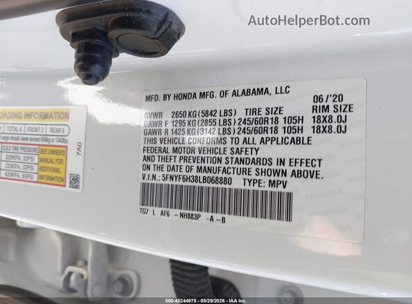 5FNYF6H38LB068880 2020 HONDA PILOT Белый Вид подкапотного пространства