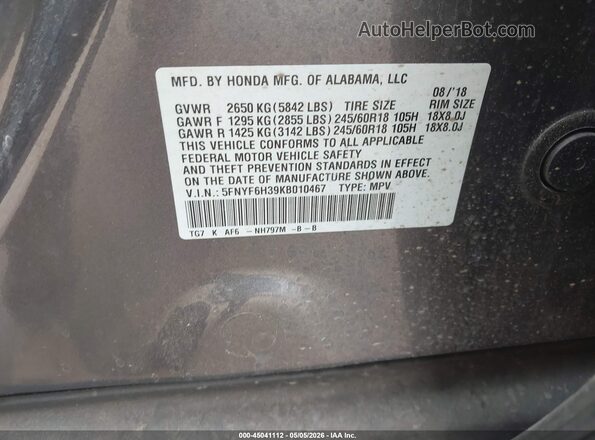 5FNYF6H39KB010467 2019 HONDA PILOT Gray 
