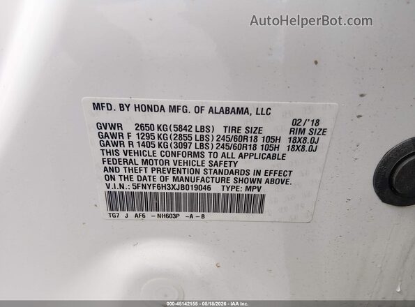 5FNYF6H3XJB019046 2018 HONDA PILOT Белый Вид подкапотного пространства
