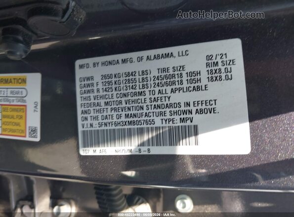5FNYF6H3XMB057655 2021 HONDA PILOT Gray Engine compartment view