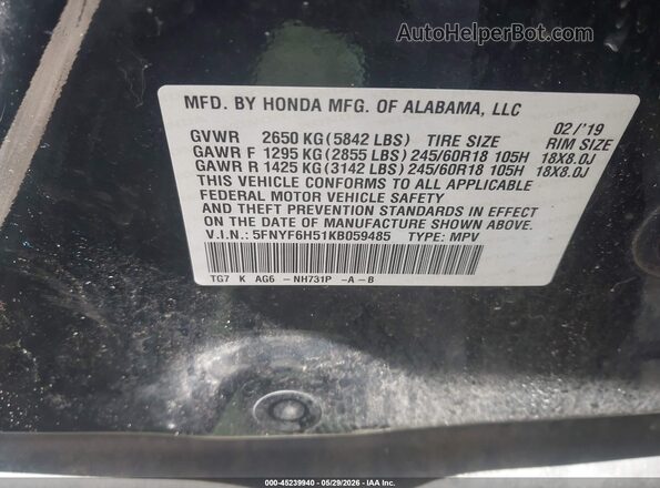 5FNYF6H51KB059485 2019 HONDA PILOT Black Vista del compartimento del motor