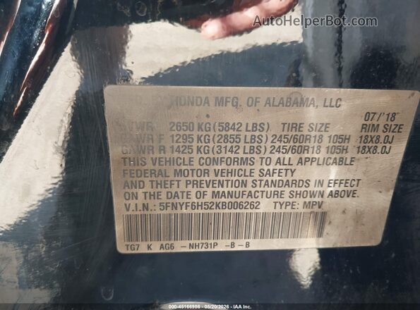 5FNYF6H52KB006262 2019 HONDA PILOT Black 