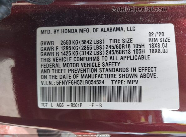 5FNYF6H52LB054524 2020 HONDA PILOT Темно-бордовый Вид подкапотного пространства
