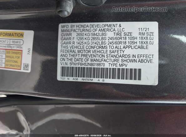 5FNYF6H52NB018870 2022 HONDA PILOT Gray 