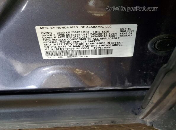 5FNYF6H53LB013304 2020 HONDA PILOT Gray VIN կոդի պիտակի տեսք