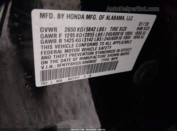5FNYF6H53LB040602 2020 HONDA PILOT Black Widok komory silnika