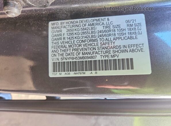5FNYF6H53MB094807 2021 HONDA PILOT Gray 360 interior view