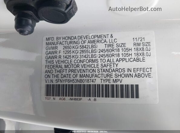 5FNYF6H53NB018747 2022 HONDA PILOT Белый Вид подкапотного пространства