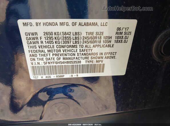 5FNYF6H54HB053530 2017 HONDA PILOT Синий Вид подкапотного пространства