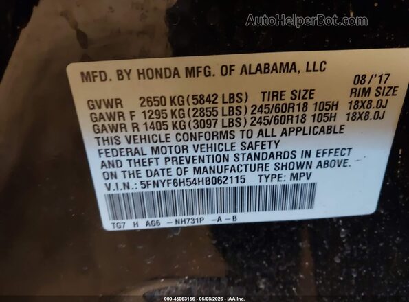 5FNYF6H54HB062115 2017 HONDA PILOT Black ძრავის განყოფილების ხედი