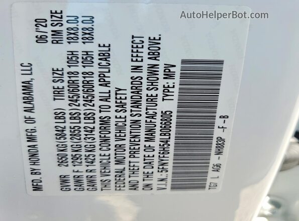 5FNYF6H54LB066805 2020 HONDA PILOT White 