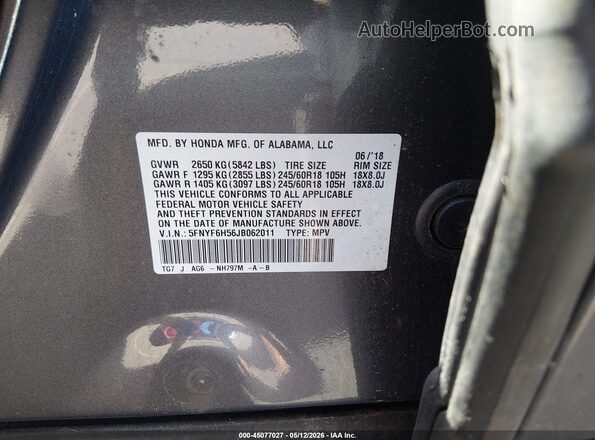 5FNYF6H56JB062011 2018 HONDA PILOT Gray Շարժիչի բաժամունքի տեսք