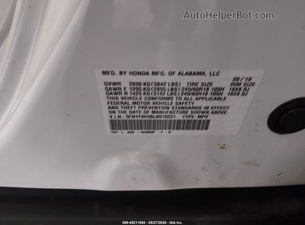 5FNYF6H56LB010221 2020 HONDA PILOT White Вид підкапотного простору