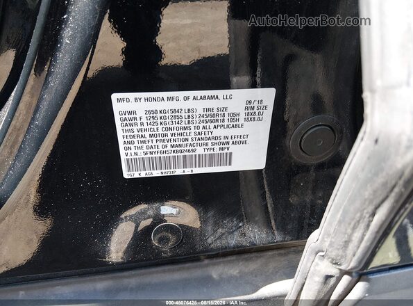 5FNYF6H57KB024692 2019 HONDA PILOT Черный Вид подкапотного пространства