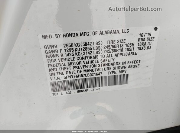 5FNYF6H57LB021647 2020 HONDA PILOT White ძრავის განყოფილების ხედი