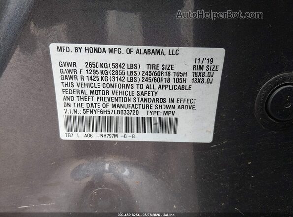 5FNYF6H57LB033720 2020 HONDA PILOT Gray 