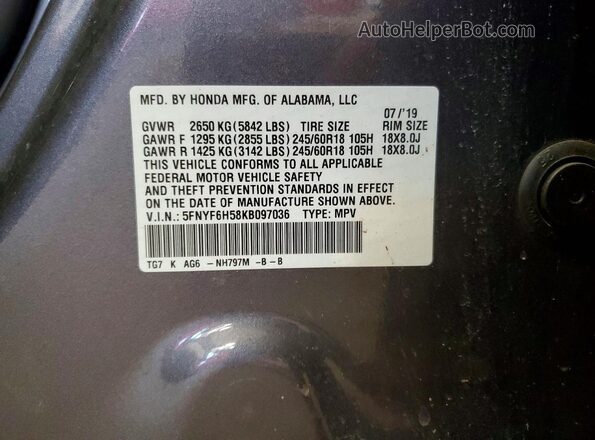 5FNYF6H58KB097036 2019 HONDA PILOT Gray Панорамний вид салону 360°