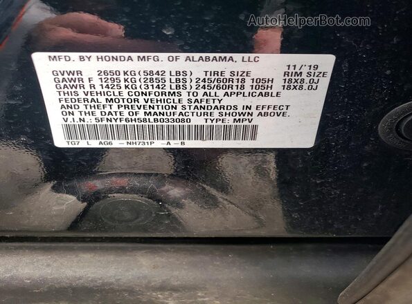 5FNYF6H58LB033080 2020 HONDA PILOT Black Vista de la etiqueta del VIN