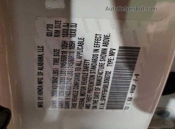 5FNYF6H58LB060702 2020 HONDA PILOT Белый Вид наклейки с VIN-кодом