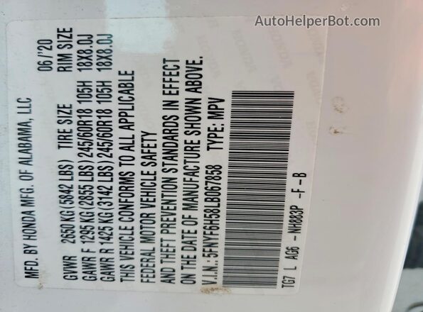 5FNYF6H58LB067858 2020 HONDA PILOT Белый Вид наклейки с VIN-кодом