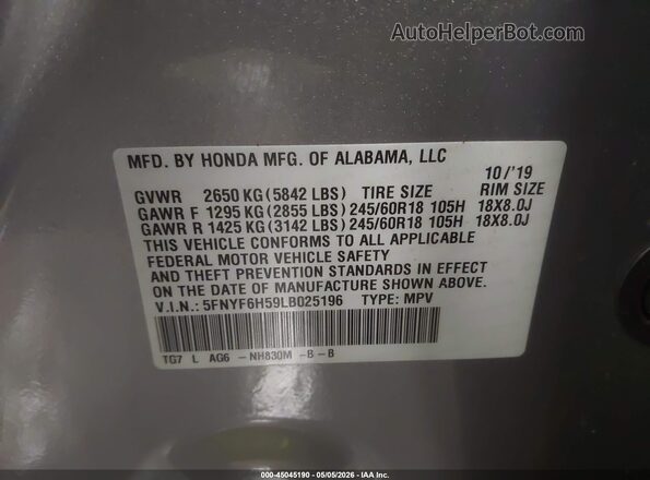 5FNYF6H59LB025196 2020 HONDA PILOT Gray ძრავის განყოფილების ხედი