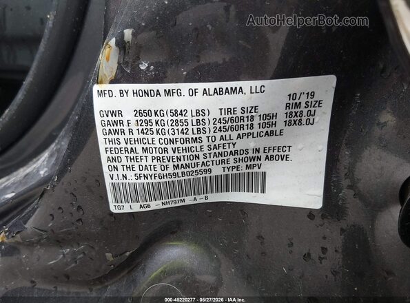 5FNYF6H59LB025599 2020 HONDA PILOT Gray ძრავის განყოფილების ხედი
