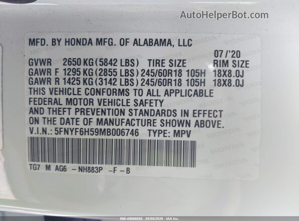 5FNYF6H59MB006746 2021 HONDA PILOT White Engine compartment view