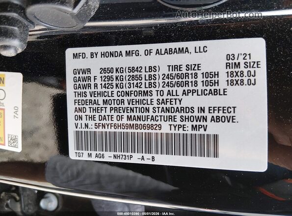 5FNYF6H59MB069829 2021 HONDA PILOT Черный Вид подкапотного пространства