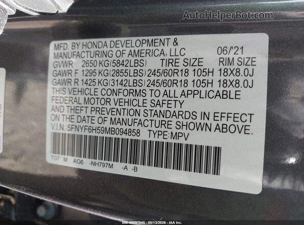 5FNYF6H59MB094858 2021 HONDA PILOT Gray Engine compartment view