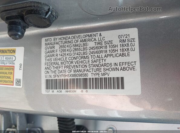 5FNYF6H5XMB098580 2021 HONDA PILOT Gray Engine compartment view