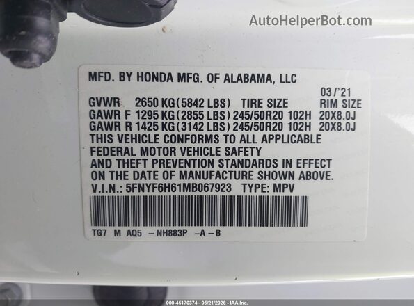 5FNYF6H61MB067923 2021 HONDA PILOT White Вид підкапотного простору