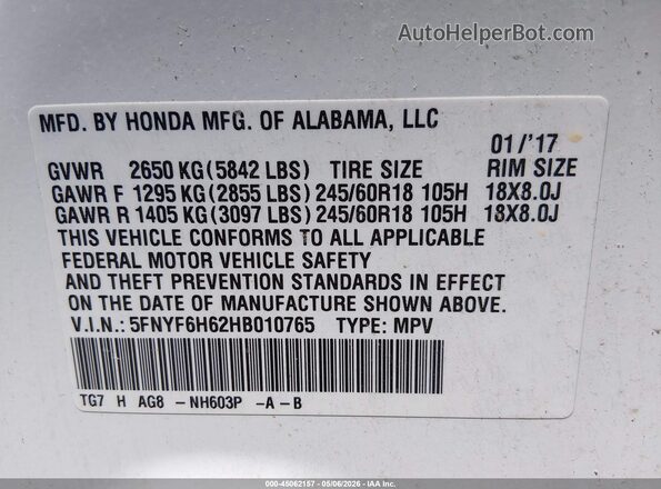 5FNYF6H62HB010765 2017 HONDA PILOT White 