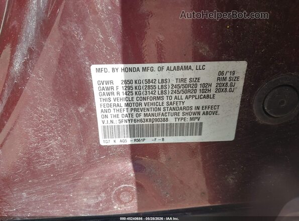 5FNYF6H63KB090388 2019 HONDA PILOT Burgundy Engine compartment view