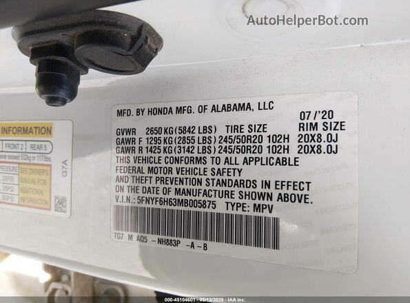 5FNYF6H63MB005875 2021 HONDA PILOT White Engine compartment view