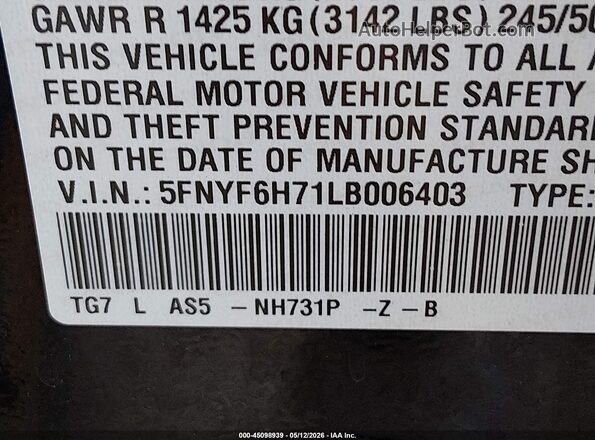 5FNYF6H71LB006403 2020 HONDA PILOT Черный 