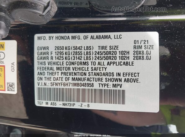 5FNYF6H71MB048958 2021 HONDA PILOT Black Вид підкапотного простору
