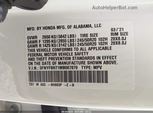 5FNYF6H71MB067879 2021 HONDA PILOT White Вид підкапотного простору