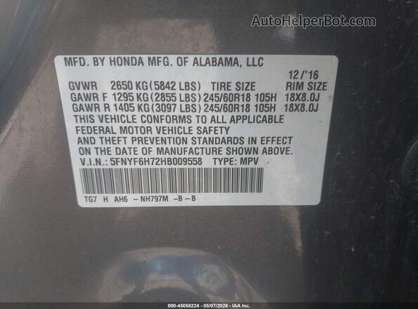 5FNYF6H72HB009558 2017 HONDA PILOT Gray ძრავის განყოფილების ხედი