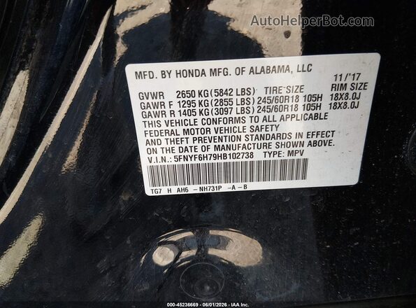 5FNYF6H79HB102738 2017 HONDA PILOT Black Engine compartment view