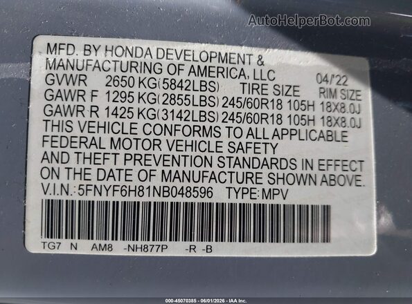 5FNYF6H81NB048596 2022 HONDA PILOT Light Blue Շարժիչի բաժամունքի տեսք