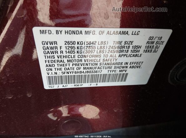 5FNYF6H84JB033617 2018 HONDA PILOT Burgundy Շարժիչի բաժամունքի տեսք