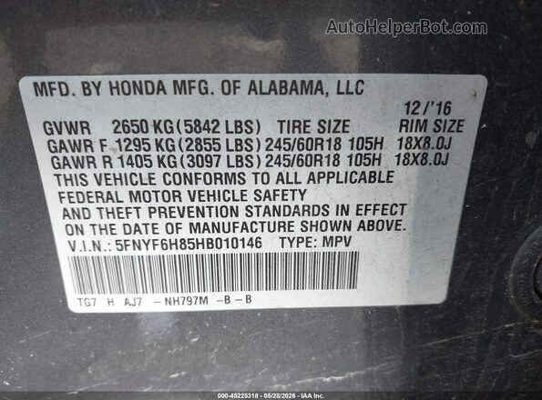5FNYF6H85HB010146 2017 HONDA PILOT Gray 