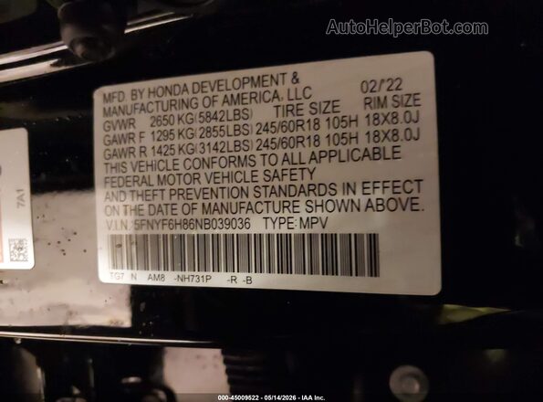5FNYF6H86NB039036 2022 HONDA PILOT Black Engine compartment view